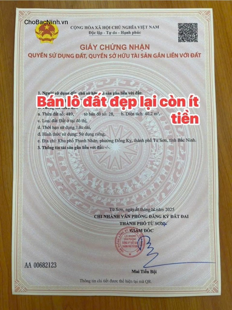 Bán đất 40.2m2 khu phố Thanh Nhàn, Đồng Kỵ, Từ Sơn , Bắc Ninh - CBNTC